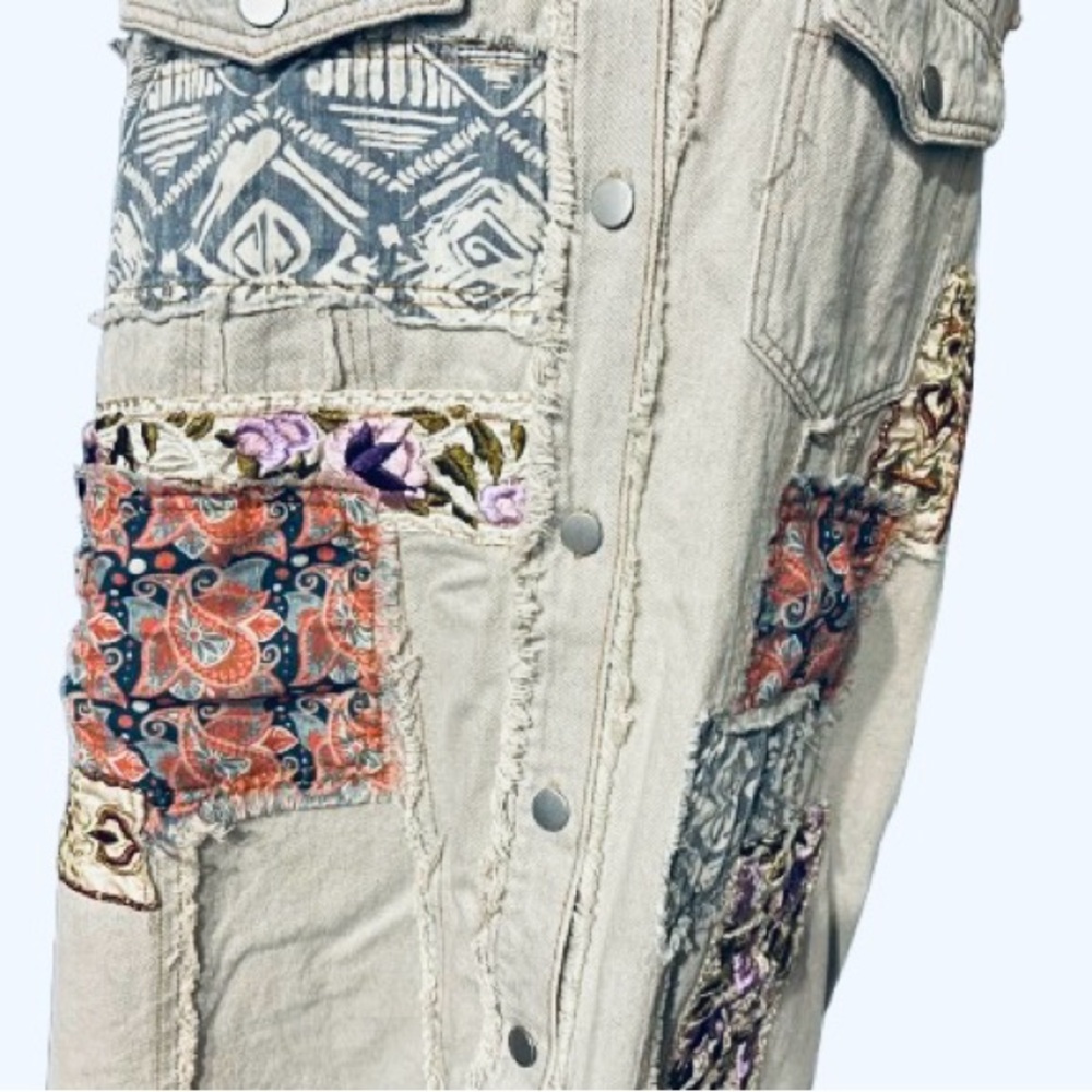 100% Cotton POL Patchwork Denim Dress Vest Boho Floral Embroidered Boho Cottage - Picture 2 of 16